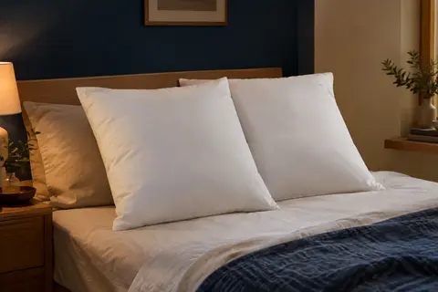 Deux oreillers carrés blancs en microfibre douce disposés sur un lit dans une chambre calme.