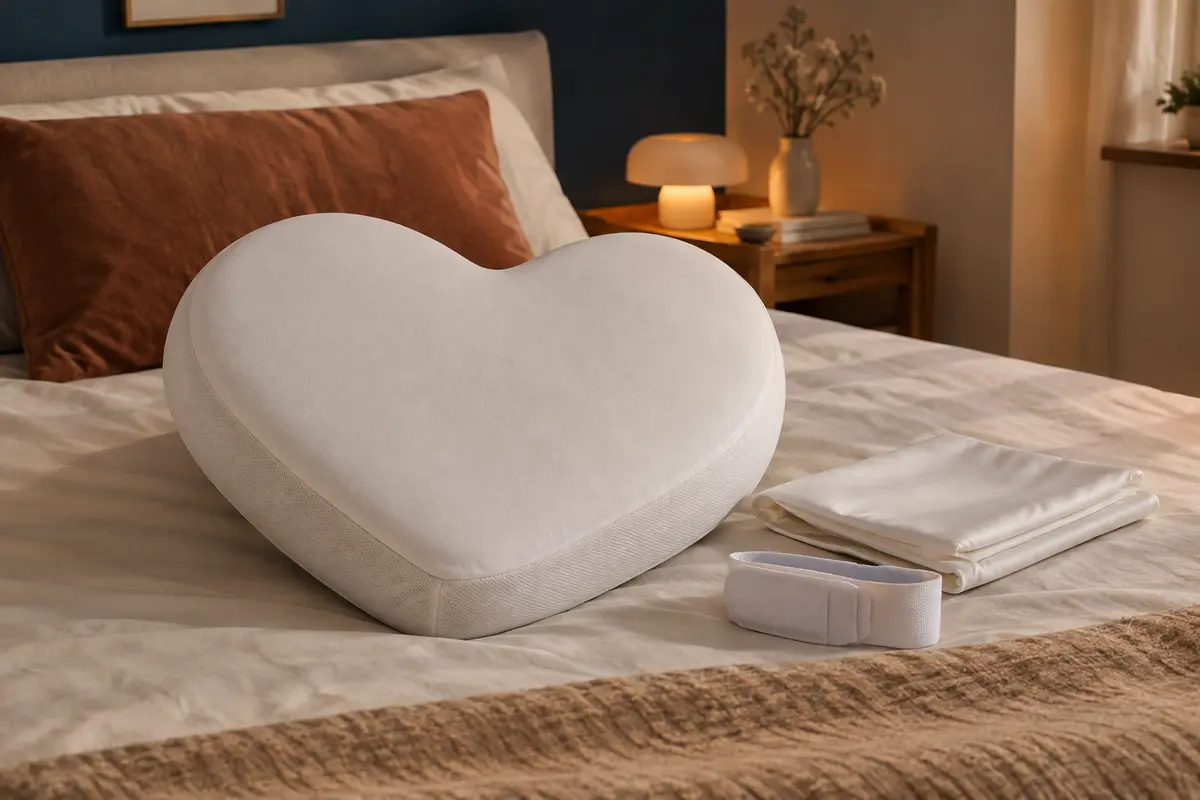 Coussin blanc en forme de cœur avec housse à bande de fixation, posé sur un lit dans une chambre calme