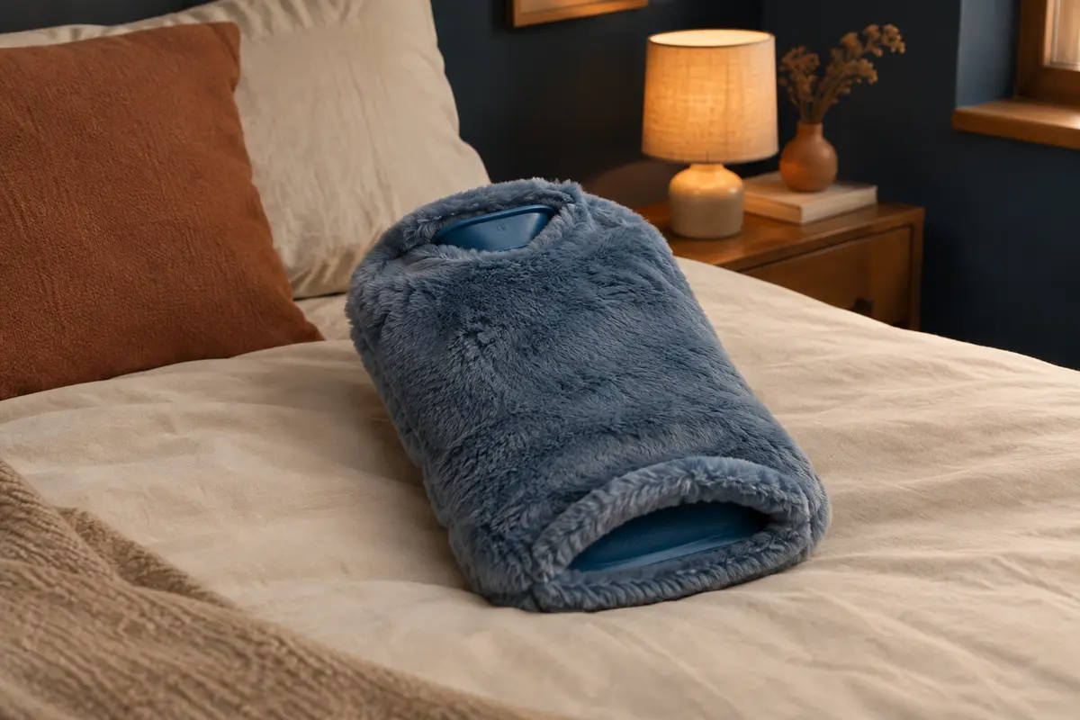 Bouillotte bleue à housse moelleuse avec poche kangourou, posée sur un lit dans une chambre calme.