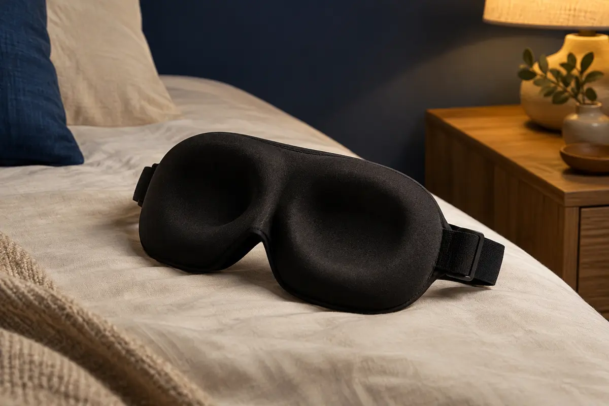 Masque de sommeil 3D noir avec cavités oculaires en relief et sangle réglable, posé sur du coton crème