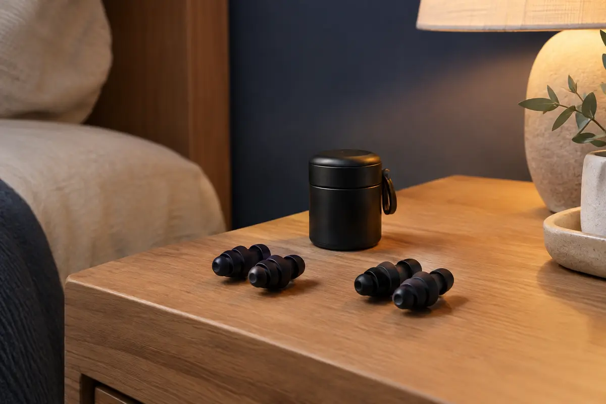 Deux paires de bouchons d’oreilles noirs en silicone et leur flacon de rangement sur une table de chevet