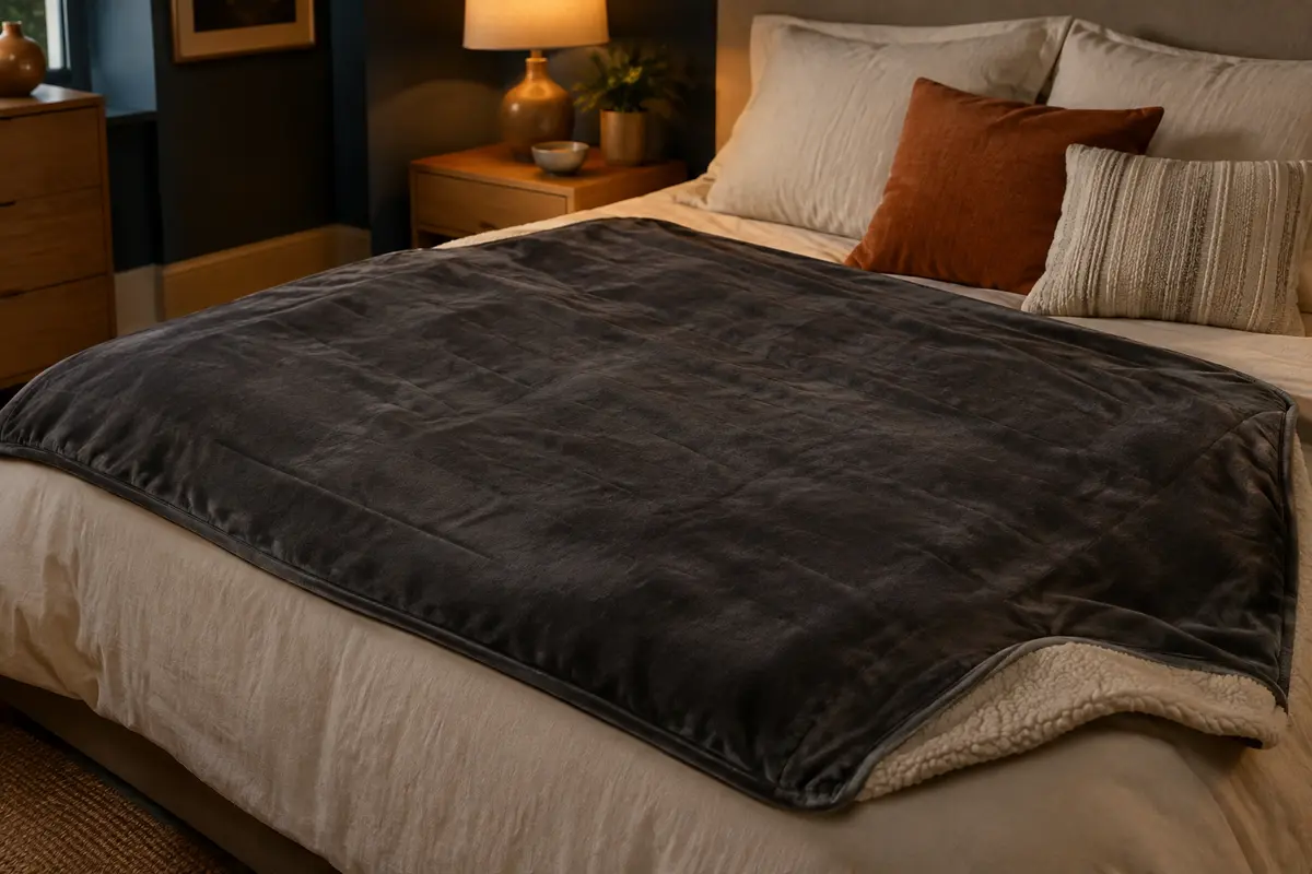 Couverture chauffante grise en flanelle et sherpa présentée sur un lit dans une chambre douce et tamisée
