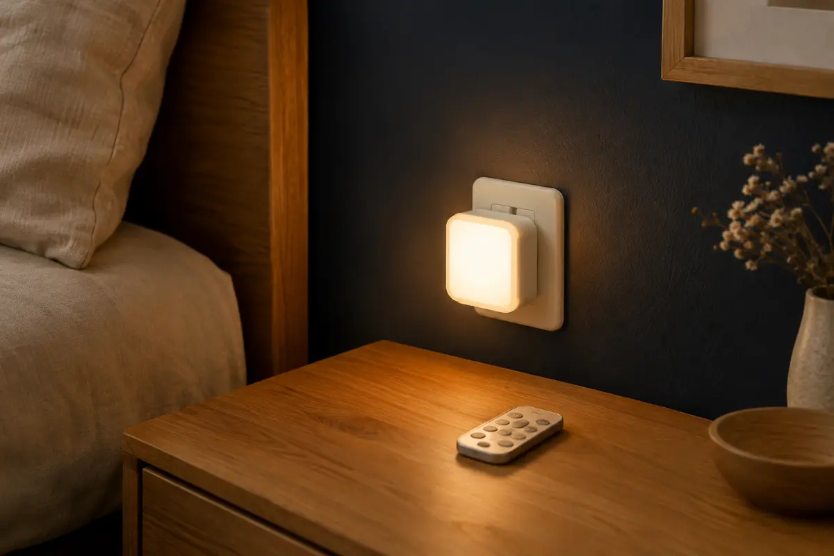Veilleuse LED blanche avec télécommande, installée près d’une prise dans une chambre tamisée.