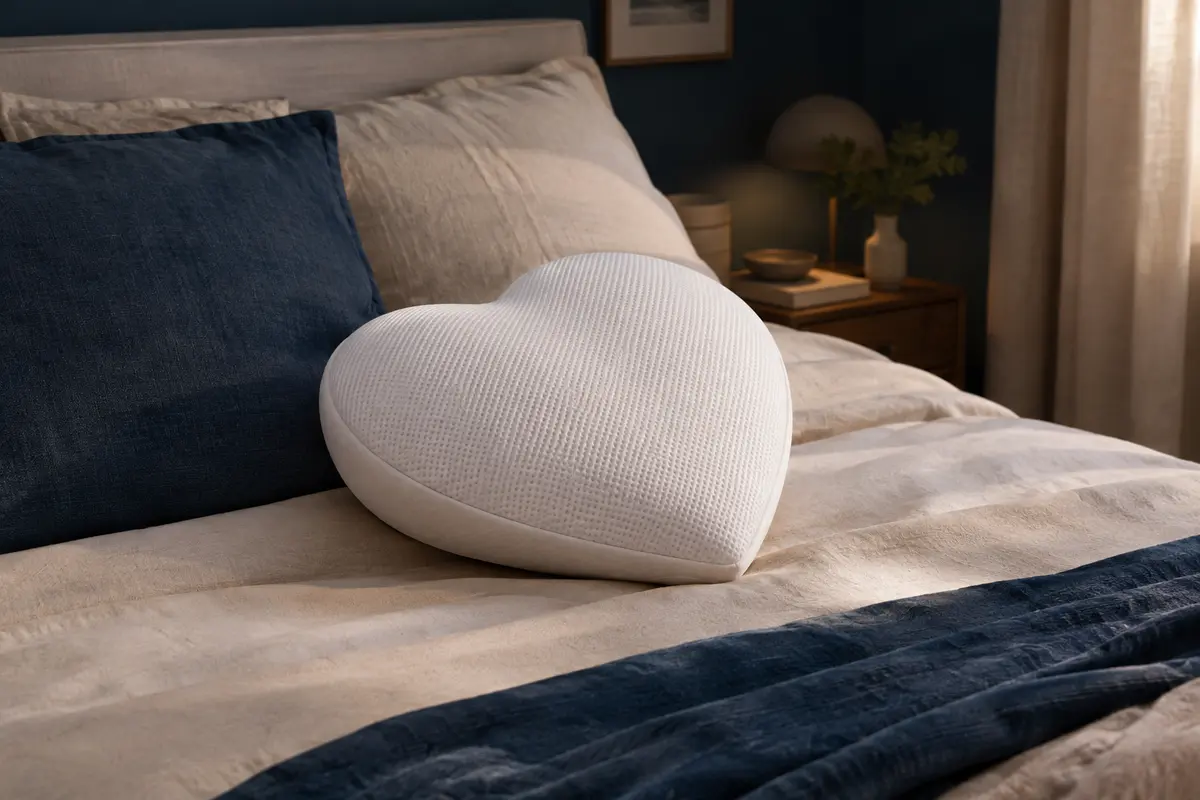 Coussin ergonomique blanc en mousse à mémoire posé sur un lit aux tons crème et bleu encre.