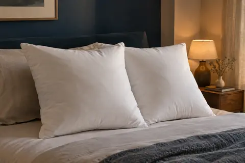 Deux oreillers carrés blancs au toucher doux posés sur un lit dans une chambre aux tons bleu encre et crème.