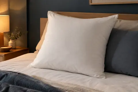 Oreiller carré blanc au soutien moelleux posé sur un lit dans une chambre aux tons doux