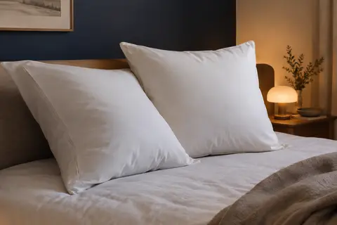 Deux oreillers carrés blancs en percale de coton posés sur un lit dans une chambre calme aux tons doux.
