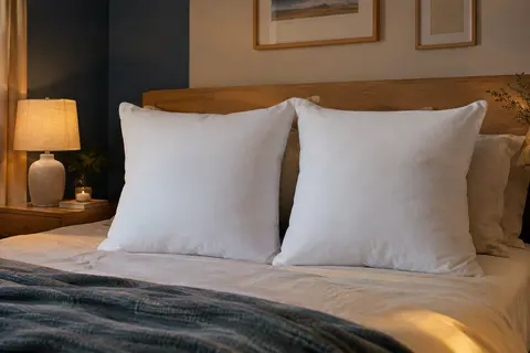 Deux oreillers carrés blancs Taïga posés sur un lit dans une chambre aux tons doux