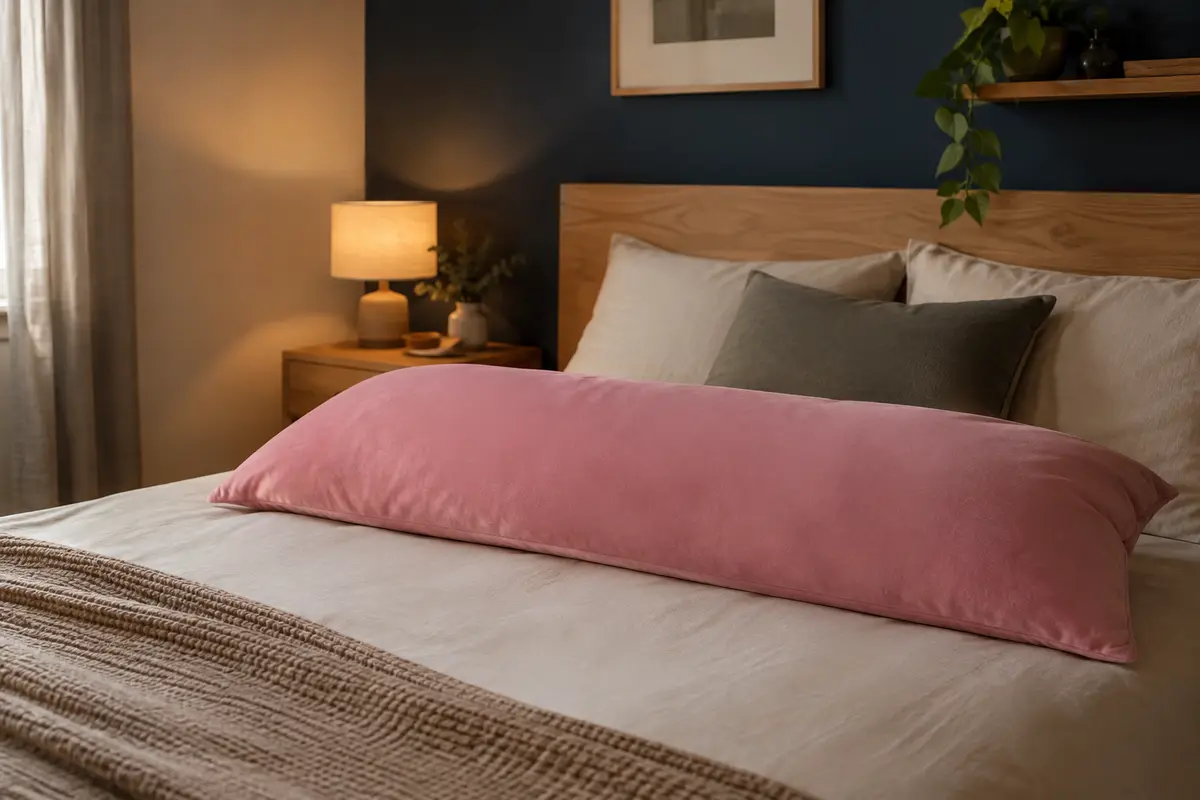 Coussin de corps long avec housse rose posé sur un lit dans une chambre à la lumière douce
