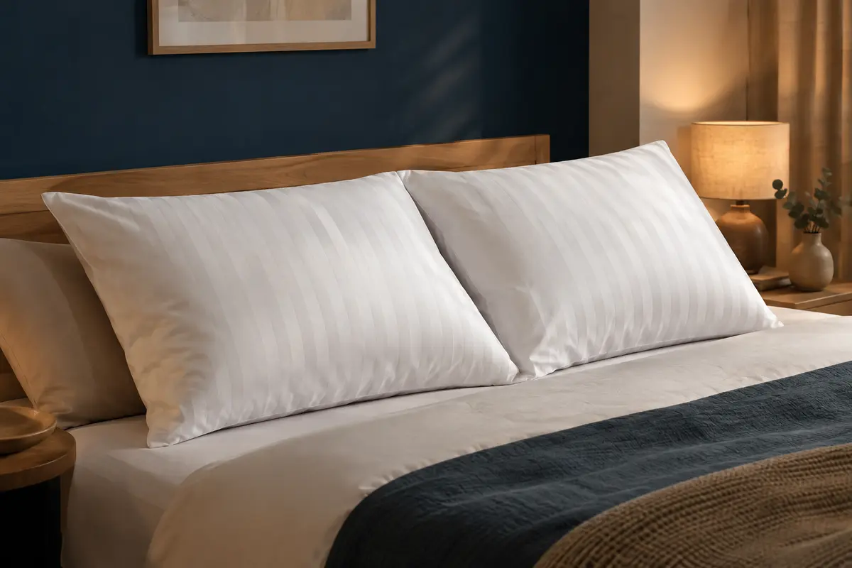 Deux oreillers blancs Dreamzie en microfibre, à rayures, posés côte à côte sur un lit