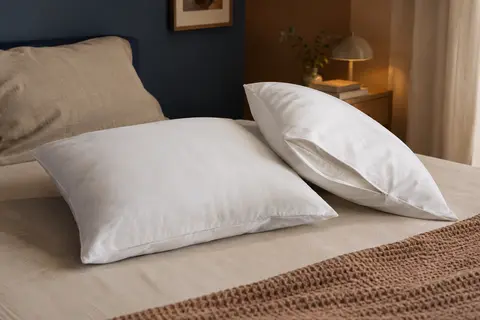 Deux protège-oreillers blancs en polyester, dont un entrouvert pour montrer la fermeture zippée.
