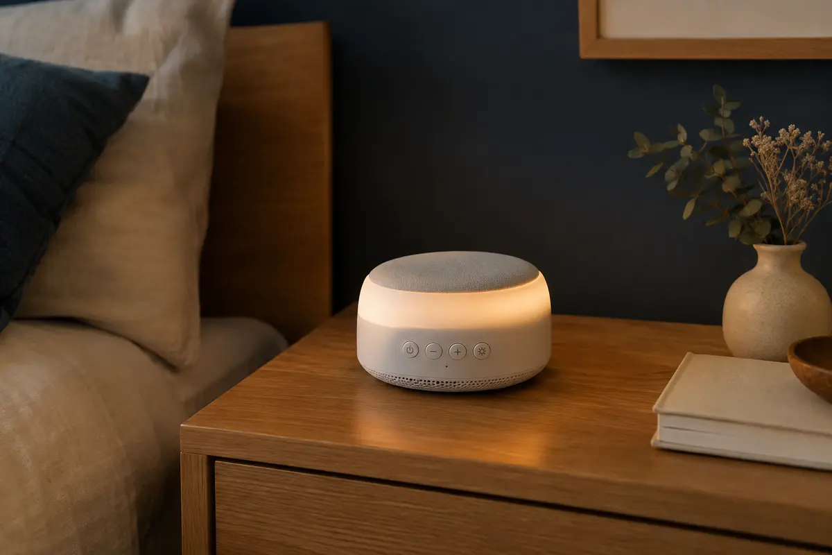 Machine à bruit blanc blanche avec veilleuse chaude, posée sur une table de chevet en bois dans une chambre tamisée.