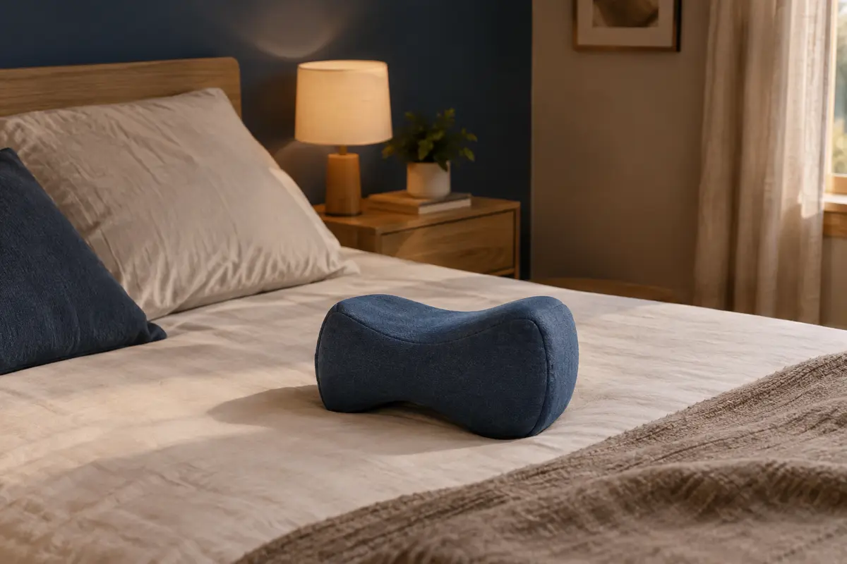 Oreiller ergonomique bleu en mousse à mémoire de forme posé sur un lit dans une chambre tamisée.