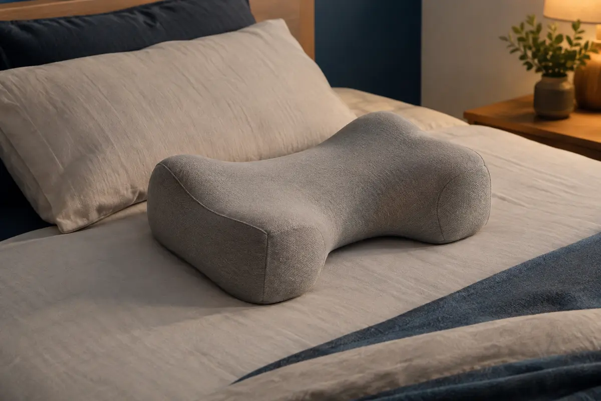 Oreiller cervical gris en forme de H posé sur un lit aux tons crème et bleu encre