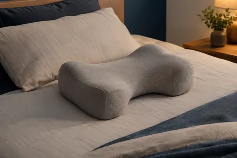 Oreiller cervical gris en forme de H posé sur un lit aux tons crème et bleu encre