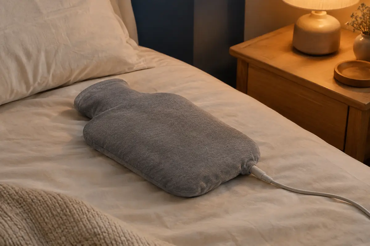 Bouillotte électrique rechargeable grise en coton posée sur un lit dans une chambre à la lumière douce