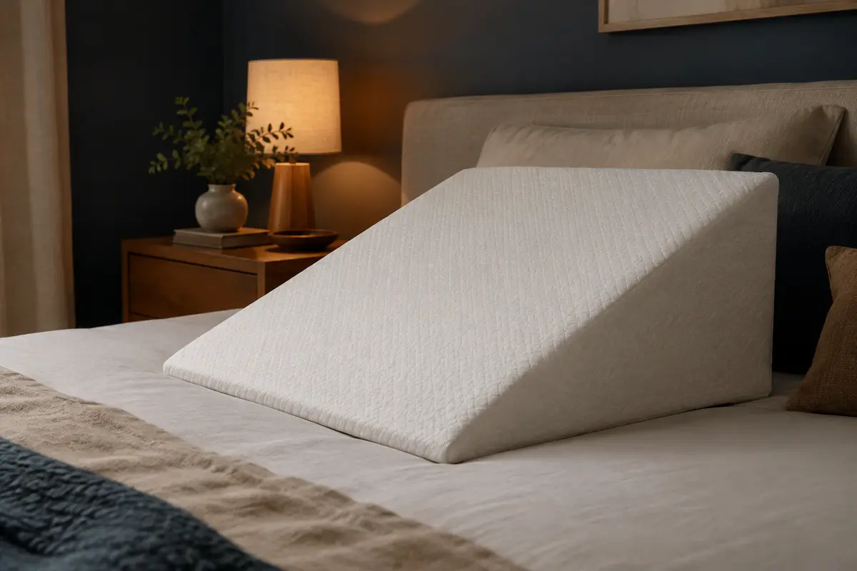 Coussin incliné blanc en jacquard posé sur un lit dans une chambre aux tons crème et bleu encre