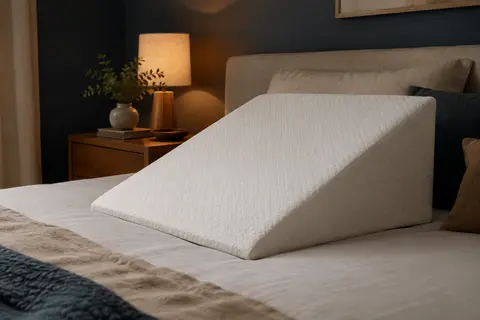 Coussin incliné blanc en jacquard posé sur un lit dans une chambre aux tons crème et bleu encre