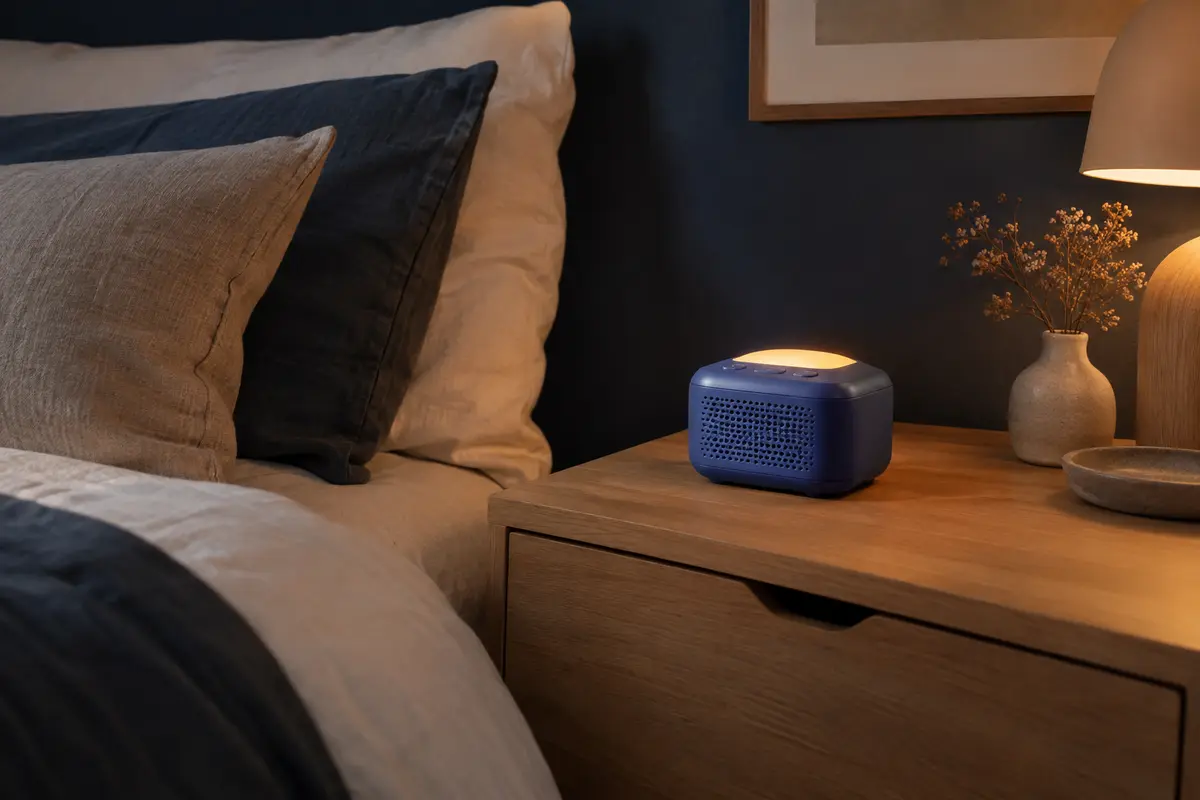 Machine sonore portable bleue avec veilleuse allumée, posée sur une table de chevet en bois