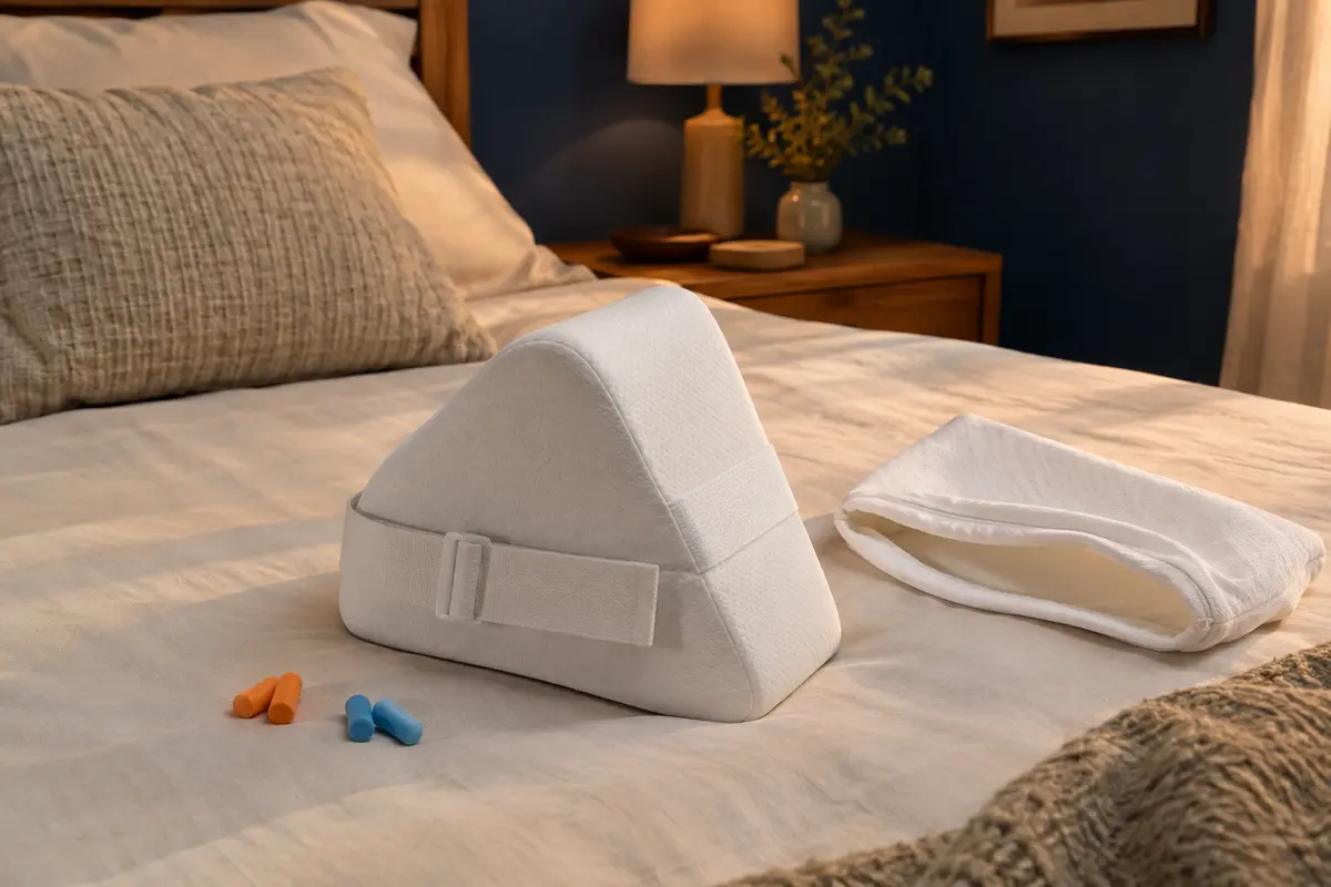 Coussin blanc profilé avec sangle réglable, posé sur un lit aux tons crème et bleu encre