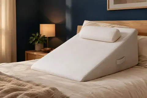 Coussin incliné blanc avec soutien cervical amovible, installé sur un lit dans une chambre calme.