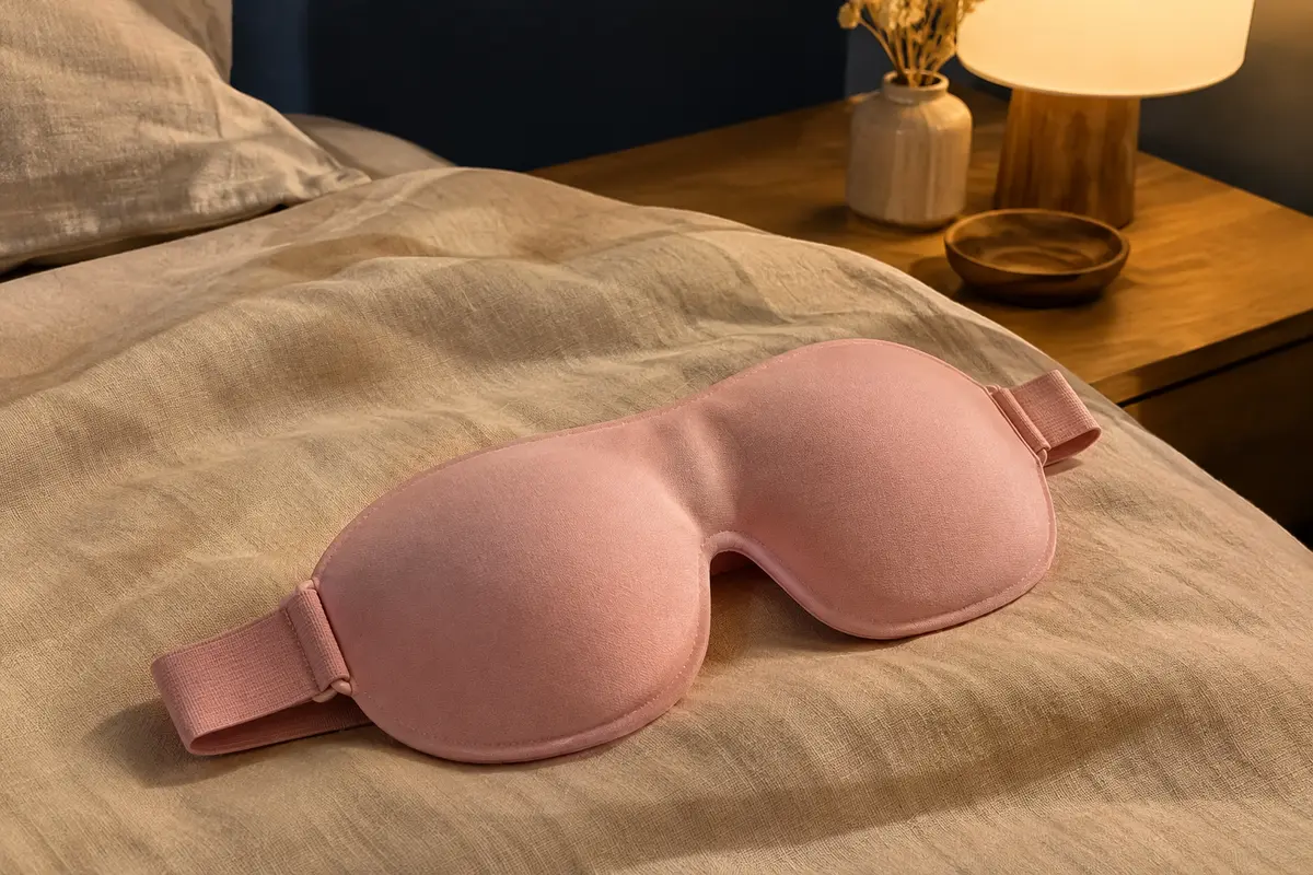 Masque de sommeil 3D rose à coques profondes posé sur du linge en lin dans une chambre tamisée.