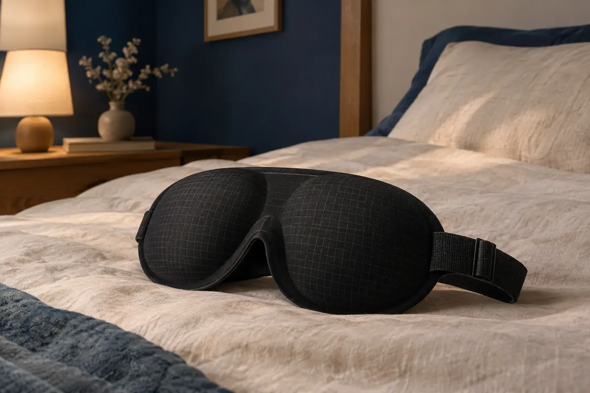 Masque de sommeil noir à coques 3D profondes posé sur un lit dans une chambre tamisée.