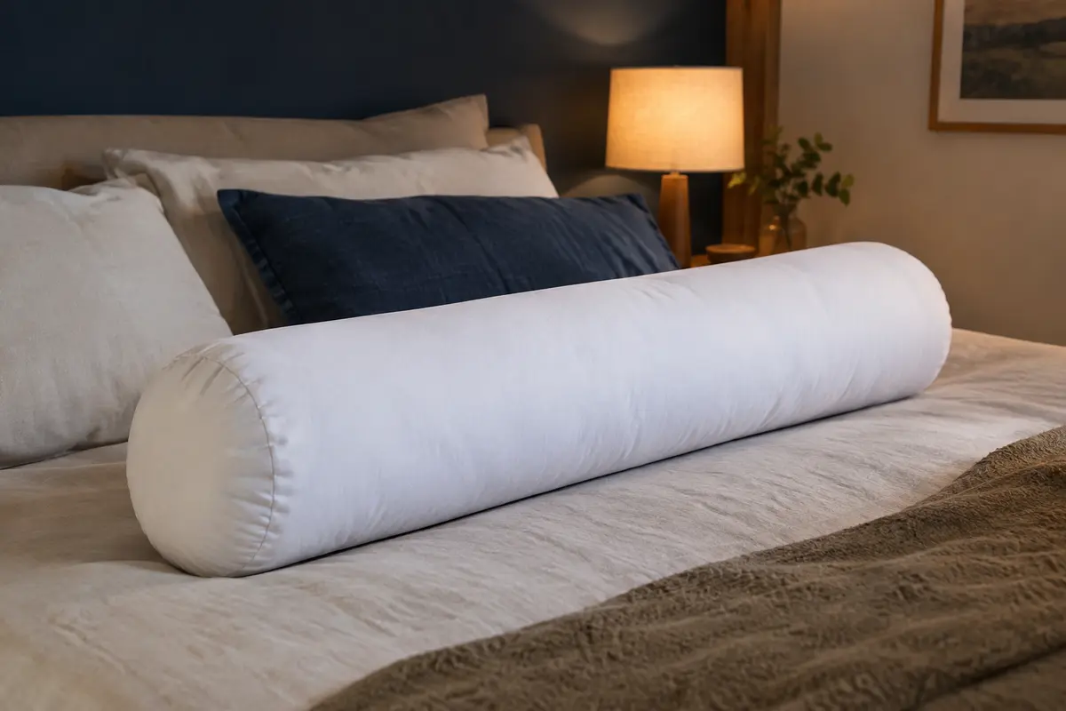 Traversin blanc long en microfibres posé sur un lit dans une chambre aux tons doux.