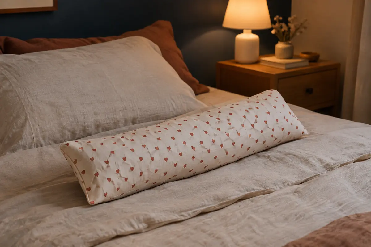 Coussin thermique allongé en coton à motif de cœurs posé sur un lit dans une chambre tamisée.