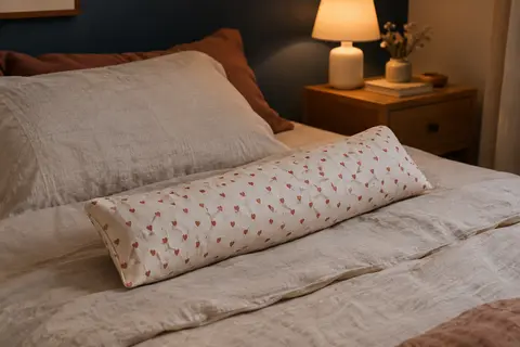 Coussin thermique allongé en coton à motif de cœurs posé sur un lit dans une chambre tamisée.