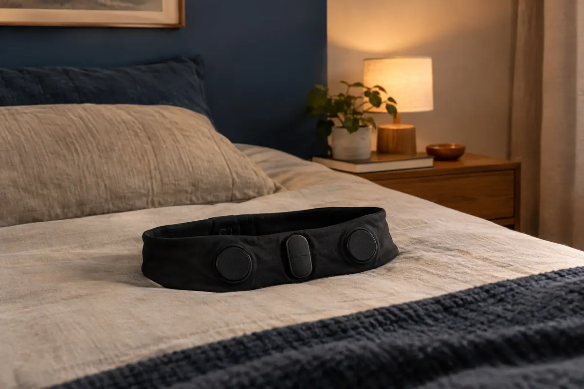 Bandeau audio noir extensible posé sur un lit dans une chambre calme à la lumière tamisée.