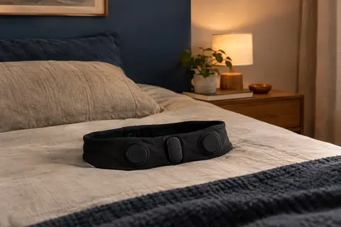 Bandeau audio noir extensible posé sur un lit dans une chambre calme à la lumière tamisée.