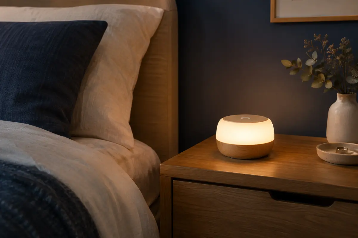 Veilleuse tactile compacte à finition aspect bois, allumée en blanc chaud sur une table de nuit.