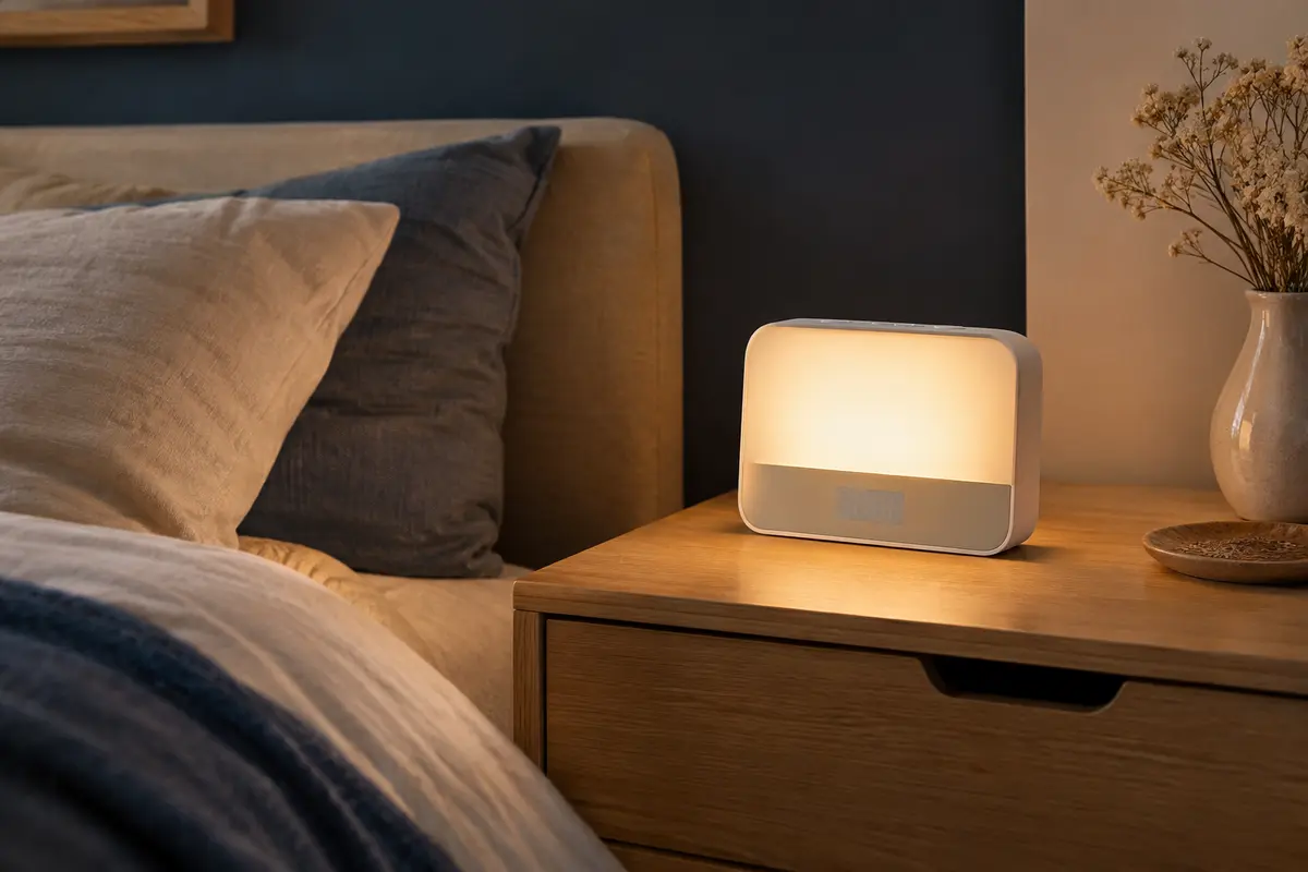 Réveil simulateur d’aube blanc posé sur une table de chevet en bois dans une chambre tamisée