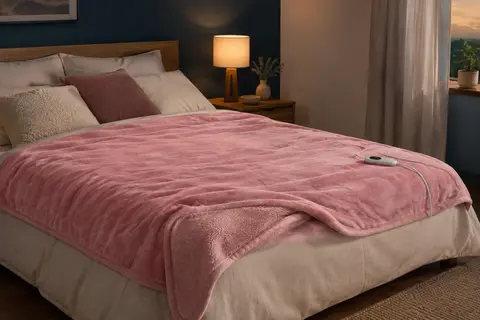 Couverture chauffante rose en polyester posée sur un lit dans une chambre aux tons crème et bleu encre.