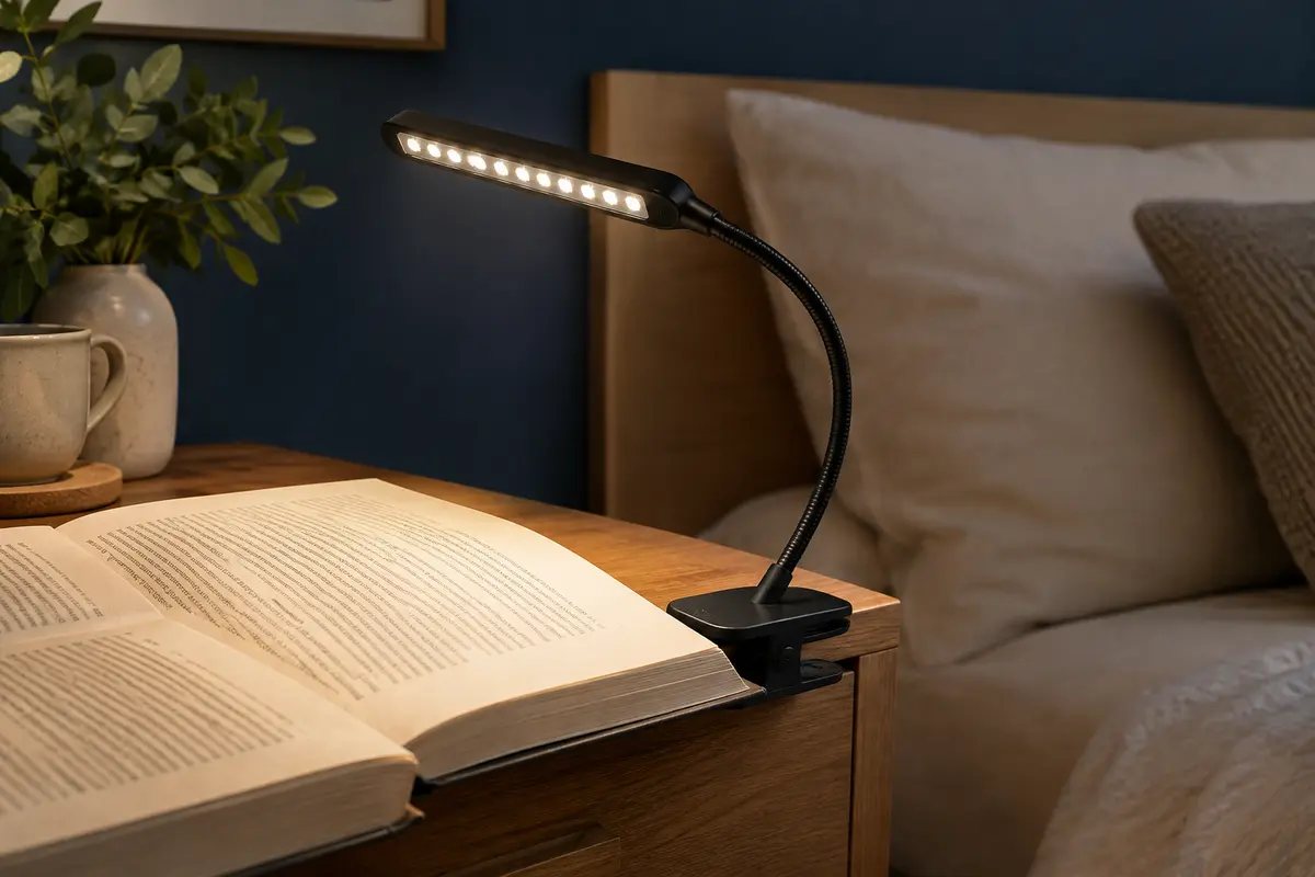 Lampe de lecture noire à clip fixée sur un livre ouvert dans une chambre au calme