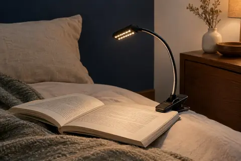 Lampe de lecture noire à pince orientée au-dessus d’un livre ouvert dans une chambre calme