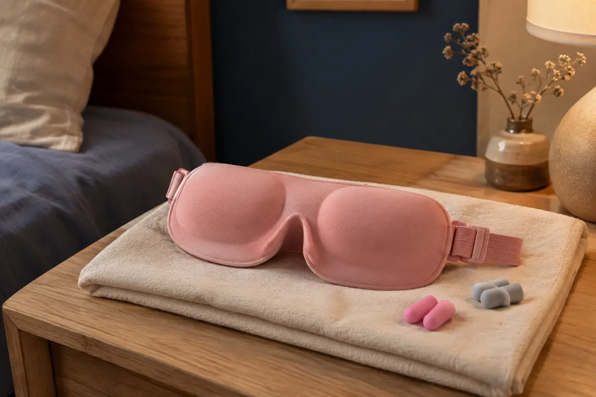 Masque de sommeil rose à contour 3D et bandeau réglable, posé avec deux paires de bouchons d’oreilles.