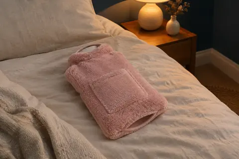 Bouillotte à eau en housse pelucheuse avec poche kangourou, posée sur un lit dans une chambre tamisée.