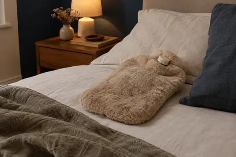 Bouillotte à eau avec bouchon à vis et housse en fausse fourrure posée sur un lit