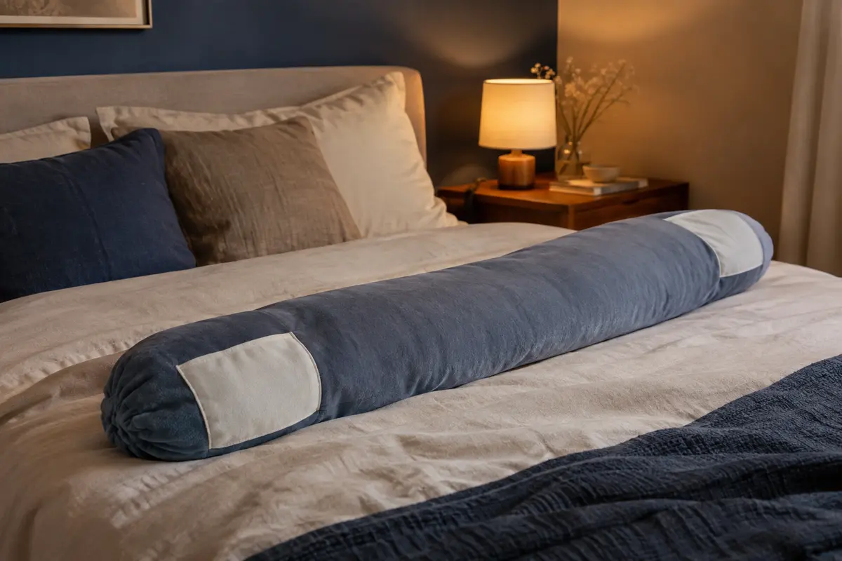 Bouillotte longue avec housse douce et poches blanches posée sur un lit dans une chambre calme