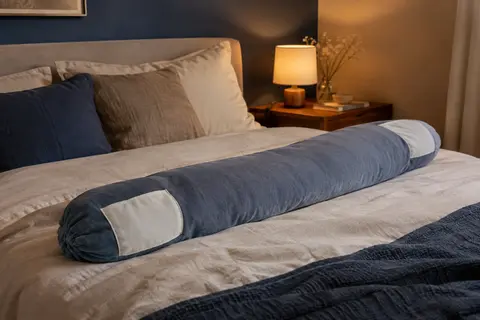 Bouillotte longue avec housse douce et poches blanches posée sur un lit dans une chambre calme
