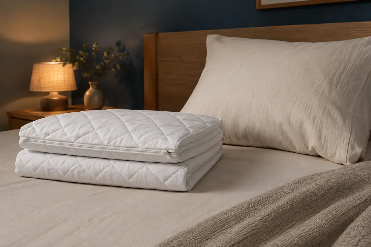 Protège-oreillers blancs matelassés avec fermeture zippée, pliés sur un lit aux tons doux.