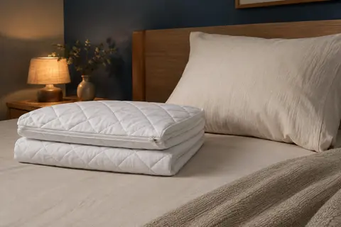 Protège-oreillers blancs matelassés avec fermeture zippée, pliés sur un lit aux tons doux.
