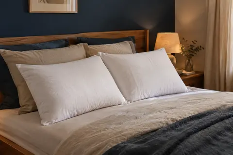 Deux oreillers blancs en coton posés côte à côte sur un lit dans une chambre aux tons doux.