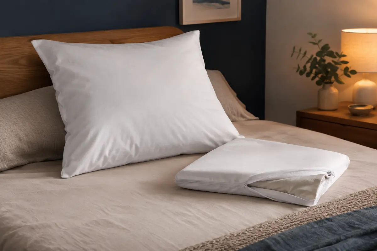 Protège-oreiller blanc zippé posé sur un lit, avec une seconde housse pliée laissant voir son revers.