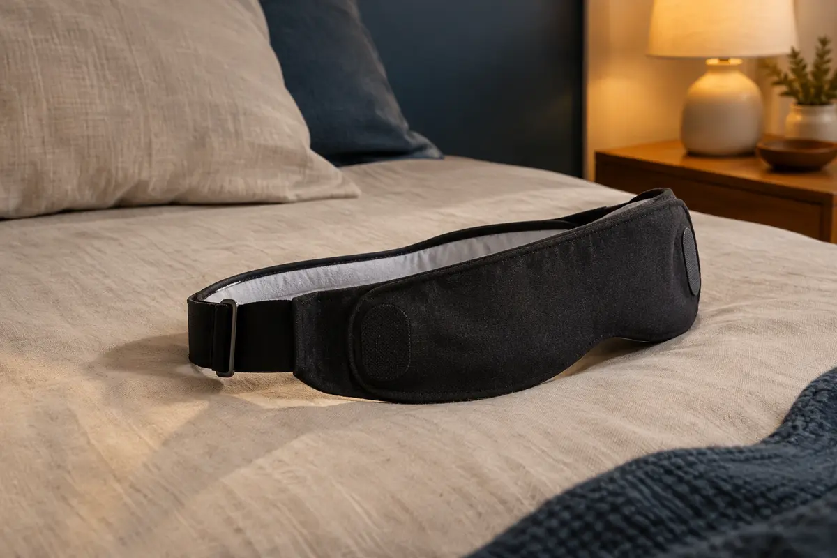 Bandeau audio noir et blanc posé sur un lit en lin dans une chambre éclairée doucement