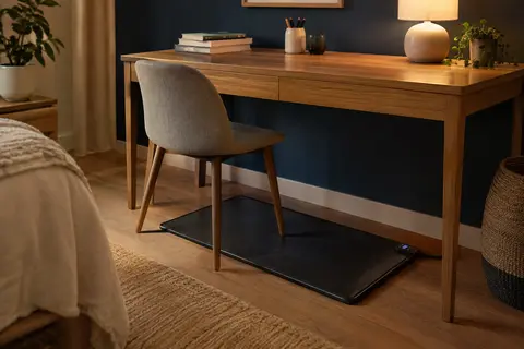 Tapis chauffe-pieds noir posé sous un bureau en bois dans une chambre aux tons bleu encre et crème.