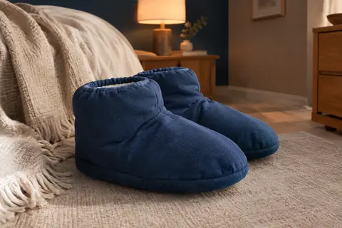 Chaussons chauffants bleus à grains posés près d’un plaid dans une chambre à la lumière douce