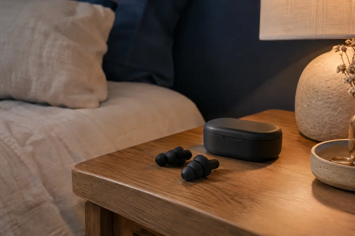 Paire de bouchons d’oreilles noirs en silicone posée près de sa boîte de rangement sur une table de chevet.